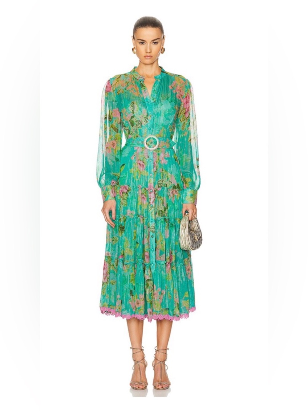HEMANT & NANDITA Aqua Floral Maxi Dress with Pink Accents